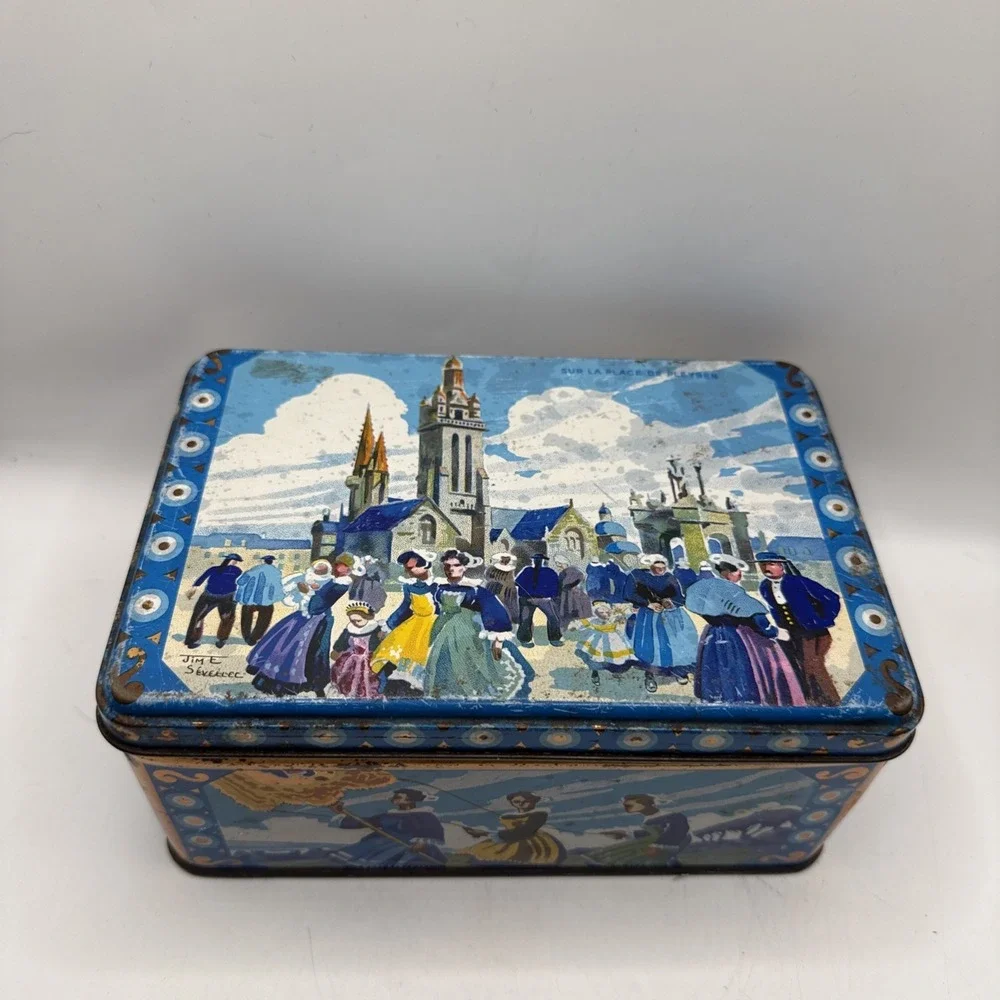 Old French Metal Tin Sur La Place De Pleyben Vibrant Colors 7x5